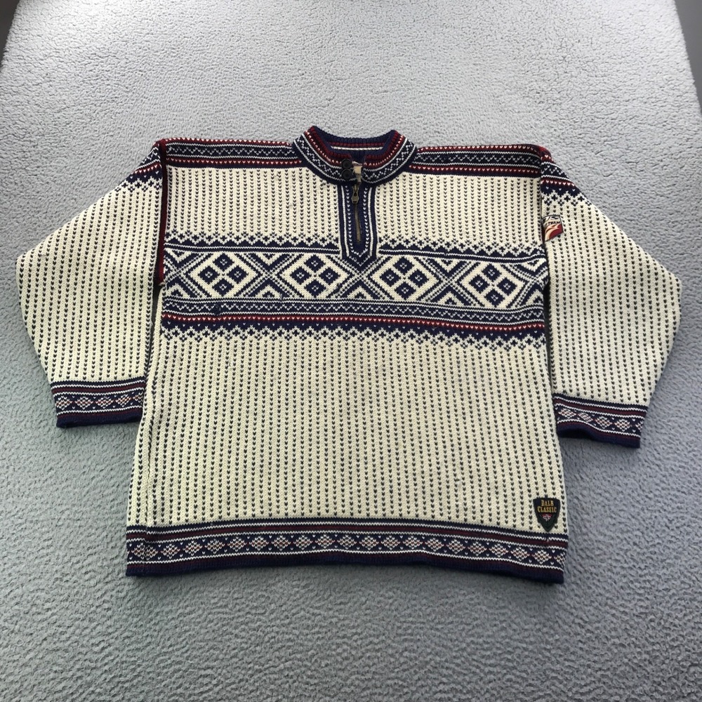 Dale Of Norway Sweater Mens Large Cream Blue US Ski Team Nordic Zip Chunky Wool